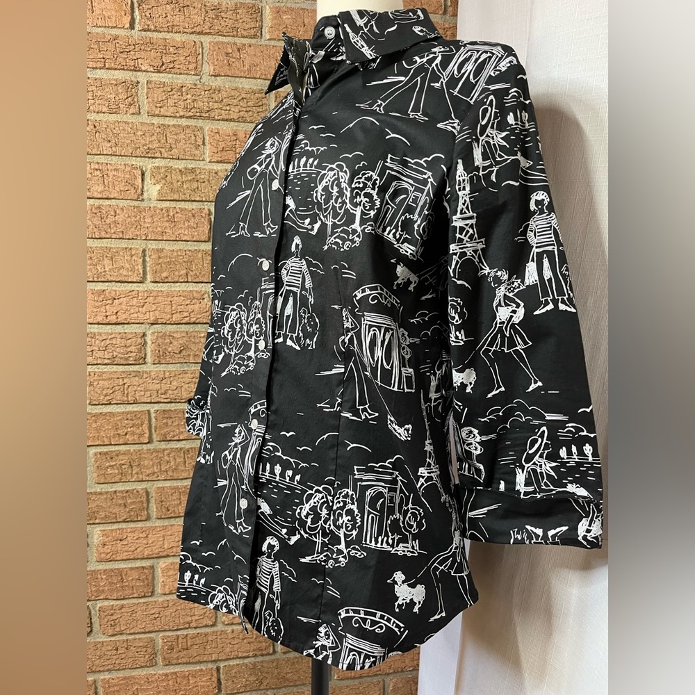 🇺🇸 Stonebridge Black White Scenic Print Blouse Size 8 3/4 Sleeve Resort Top - Picture 3 of 7